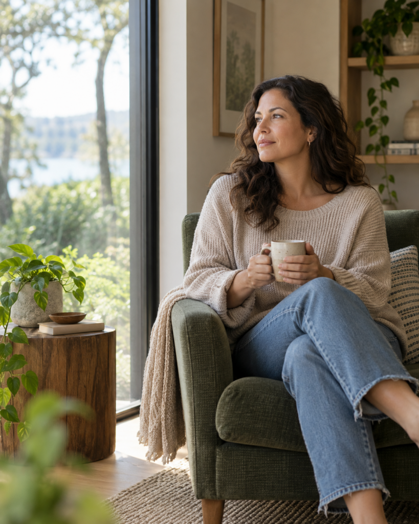 Adult sitting calmly by a window during a reflective moment